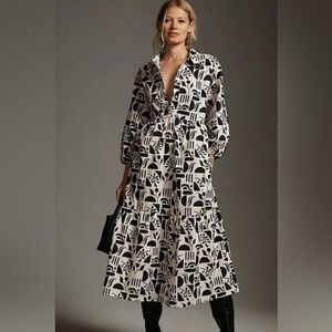 Anthropologie Bettina Black and White Patterned Long Sleeve Dress